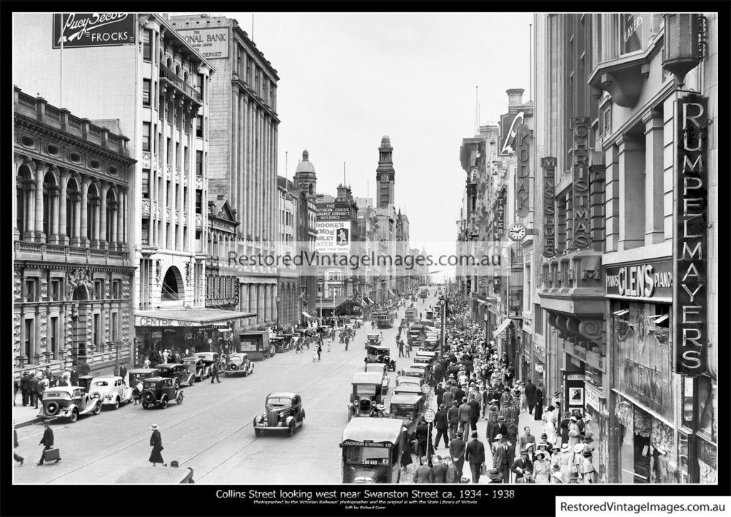 Collins St looking West from Swanston 1934 38 Restored Vintage Images