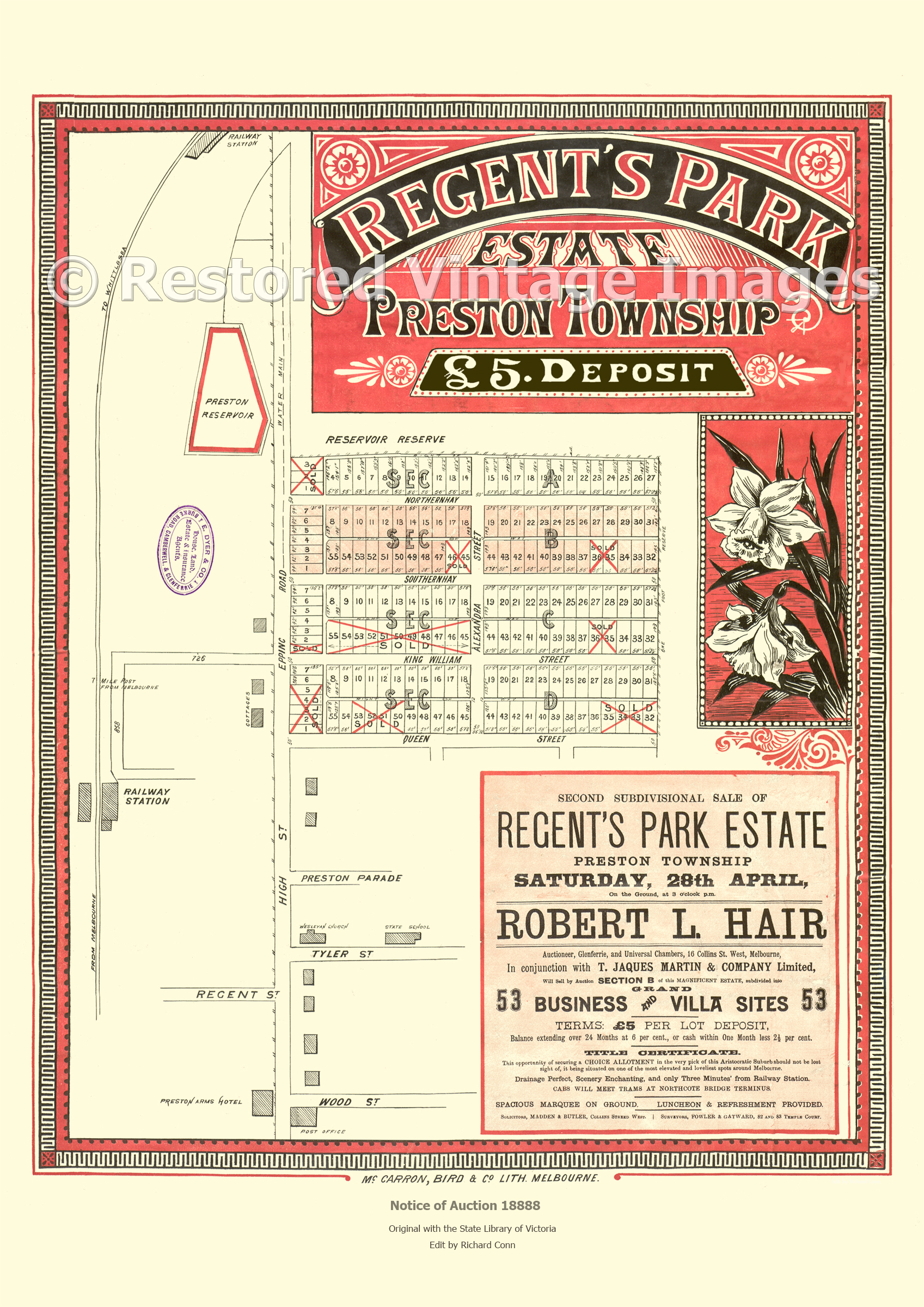 Regent’s Park Estate Preston Township 28th April 1888 – Reservoir